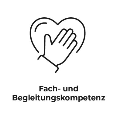 Symbol eines Herzens mit einer Hand und dem Text „Fach- und Begleitungskompetenz“.