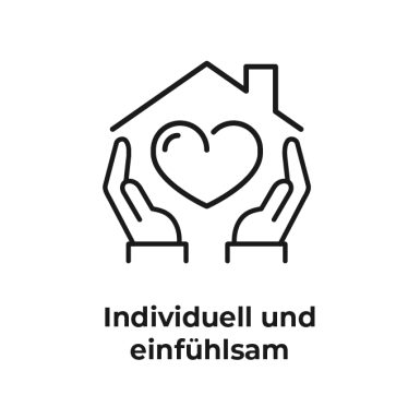 Haus mit Herz, gehalten von zwei Händen, mit dem Text "Individuell und einfühlsam".