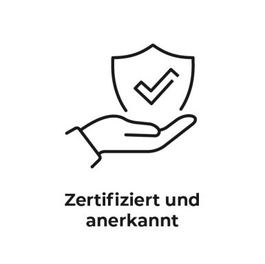 Eine Hand die ein Schutzsymbol trägt „Zertifiziert und anerkannt“